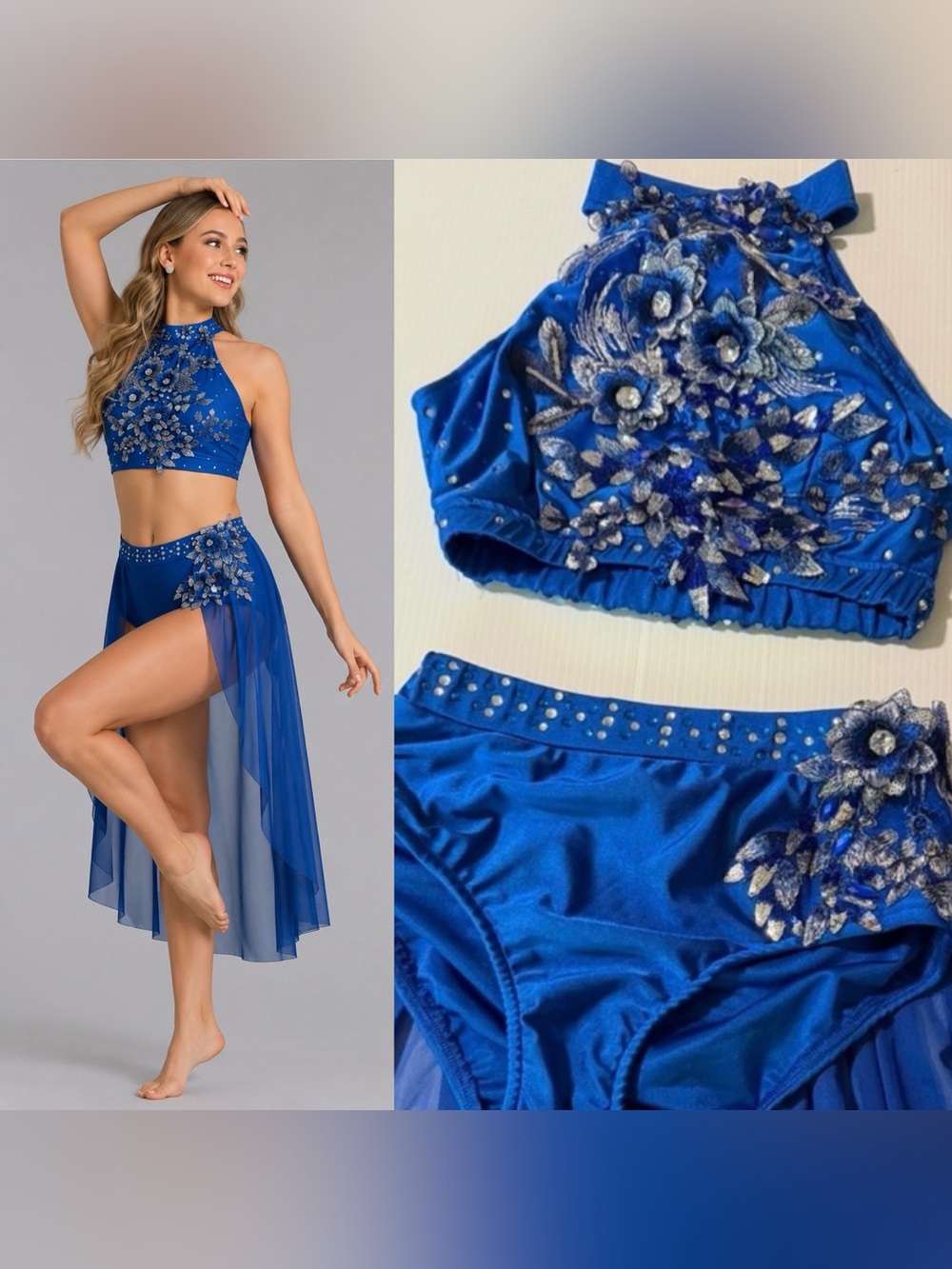 Glamour Royal Blue Lyrical Dance Costume Floral Applique Solo SA-Small adult